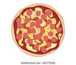 a vector illustration in eps 10 format of classic pepperoni pizza with bread base tomato sauce cheese and pepperoni sprinkled with herbs