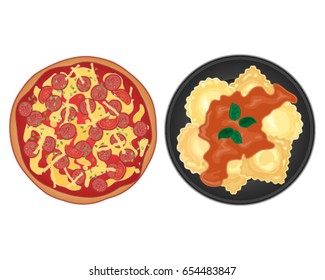 a vector illustration in eps 10 format of two plates of italian popular food including pizza and ravioli with pepperoni tomato sauce and basil leaves