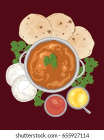 a vector illustration in eps 10 format of a chicken tikka masala with indian breads and sauces on a dark red background