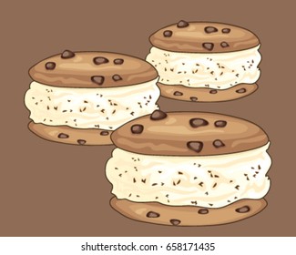 a vector illustration in eps 10 format of chocolate chip ice cream sandwich treats with cookies on a brown background