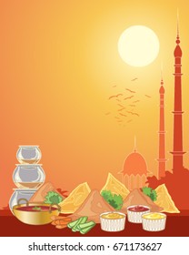a vector illustration in eps 10 format of a selection of indian snacks including samosas in a sunset urban city landscape