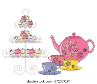 a vector illustration in eps 10 format of a selection of fancy cakes teapot and tea cups for an afternoon tea on a white background