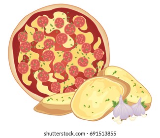 A Vector Illustration In Eps 10 Format Of A Pepperoni Pizza With Crispy Fresh Garlic Bread And Garlic Bulbs On A White Background