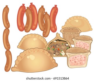 a vector illustration in eps 10 format of various meat products including sausages cornish pasties and pork pies on a white background