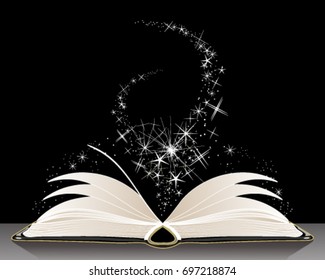 a vector illustration in eps 10 format of a book of magic spells with white sparkles on a black background