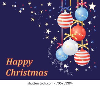 A Vector Illustration In Eps 10 Format Of An American Style Greeting Card For Celebrating Christmas With Patriotic Decorations On A Blue Starry Background