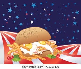 a vector illustration in eps 10 format of an american style messy sandwich full of ingredients in a stars and stripes landscape