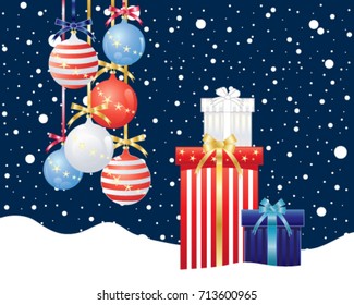 a vector illustration in eps 10 format of of an american christmas greeting card with decorations and wrapped gifts in the colors red white and blue on a snowy background
