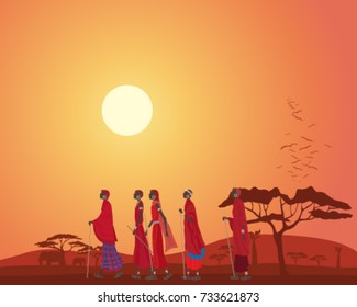 a vector illustration in eps 10 format of african masai men walking across the plains at sunset in kenya