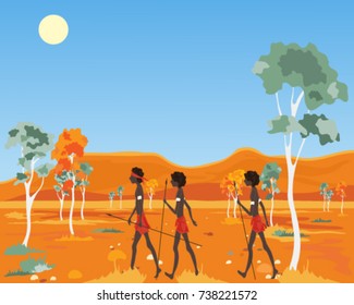 A Vector Illustration In Eps 10 Format Of Native Australian People Walking Across The Outback In Hot Weather With Eucalyptus Trees Rocks And Mountains