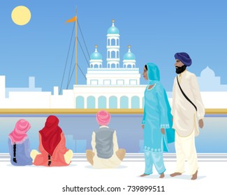 a vector illustration in eps 10 format of a sikh couple and devotees at an ornate temple dressed in traditional punjabi clothes under a blue sky