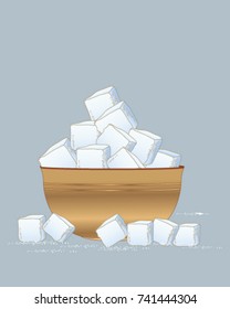 a vector illustration in eps 10 format of a wooden bowl of sugar cubes scattered with sugar granules on a slate blue background