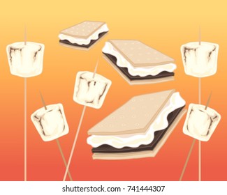 a vector illustration in eps 10 format of toasted marshmallows and smores on a fire background