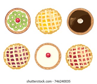 a vector illustration in eps 10 format of assorted home baked tarts for sweet desserts on a white background