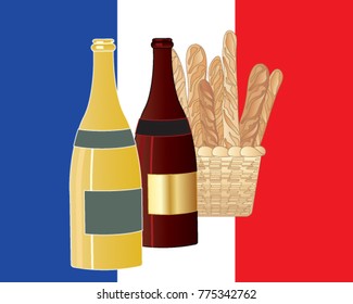 a vector illustration in eps 10 format of bottles of wine and bread in a basket on a French flag background