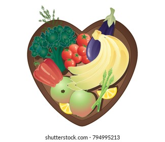 a vector illustration in eps 10 format of a heart shaped bowl full of colorful fruit and vegetables on a white background