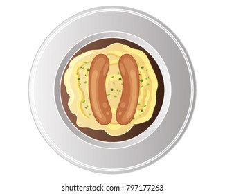 a vector illustration in eps 10 format of a white ceramic plate with meaty sausages mash potatoes garnish and rich gravy on a white background