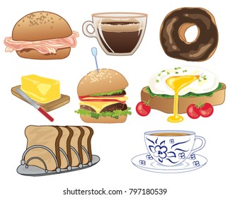 a vector illustration in eps 10 format of types of food and drinks usually consumed at breakfast