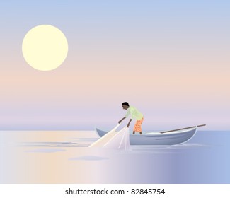 vector illustration in eps 10 format of an asian fisherman pulling nets into his boat as the sun rises over the water