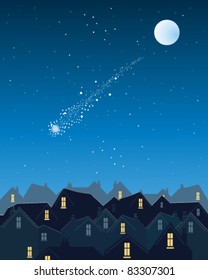 Vector Illustration In Eps 10 Format Of A Comet Or Shooting Star Over A City Skyline