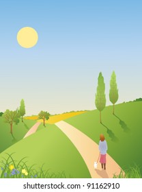 vector illustration in eps 10 format of a woman walking her dog through a beautiful springtime landscape under a clear blue sky