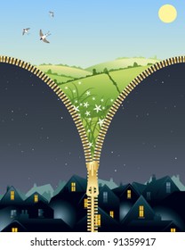 vector illustration in eps 10 format of a brass or golden zipper opening an urban night scene to reveal a rural landscape on a beautiful summer day under a blue sky