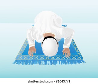 vector illustration in eps 10 format of a traditionally dressed muslim man praying on a blue decorative mat