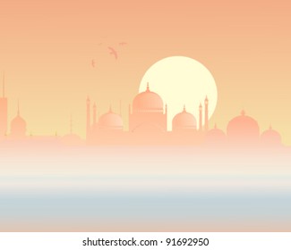 vector illustration in eps 10 format of a view across a misty river to the exotic buildings of an asian  city at sunset or sunrise