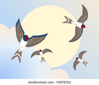 vector illustration in eps 10 format of swallows in flight around a big yellow sun