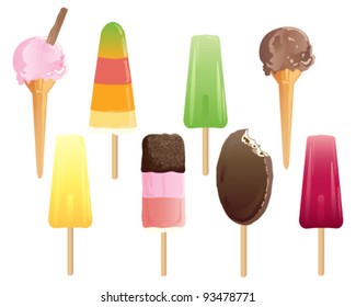 vector illustration in eps 10 format of different kinds of delicious ice creams and lollipops on a white background