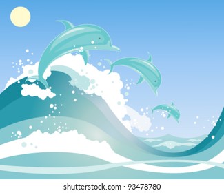 vector illustration in eps 10 format of a three beautiful dolphins playing in blue frothy waves under a blue sky