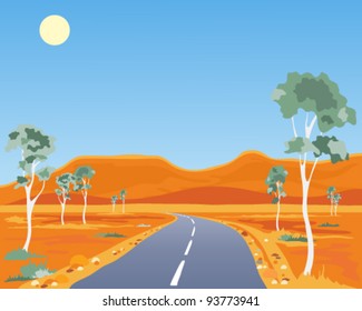 vector illustration in eps 10 format of a tarmac road or highway crossing the red sandy landscape of the australian outback with white stemmed gum trees under a blue sky