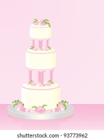 vector illustration in eps 10 format of a traditional wedding cake with white icing and flower decoration