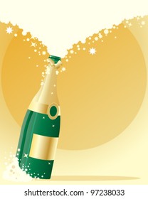 a vector illustration in eps 10 format of a green glass champagne bottle on gold background with bubbles and lots of space for text