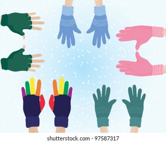 a vector illustration in eps 10 format of pairs of hands with different colors and patterns of woolly gloves on a snowy background