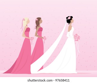 a vector illustration in eps 10 format of a beautiful bride dressed in white dress and veil walking with two bridesmaids in pink with small posies on a pink confetti background