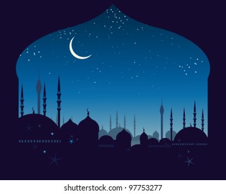 a vector illustration in eps 10 format of an eastern skyline with domes and minarets under a night sky with a crescent moon and stars