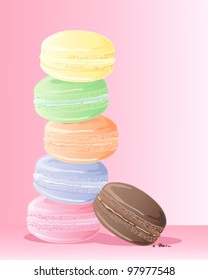 a vector illustration in eps 10 format of a pile of colorful delicious macaroons on a candy pink background