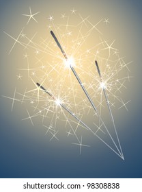 a vector illustration in eps 10 format of three glittering lit sparklers burning under a night sky