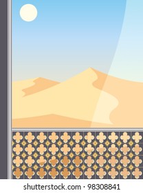 a vector illustration in eps 10 format of a desert landscape viewed from an ornate balcony with voile curtain under a hot blue sky