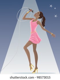 a vector illustration in eps 10 format of a female singer wearing a pink dress and gold jewelery with a microphone on stage under a spotlight