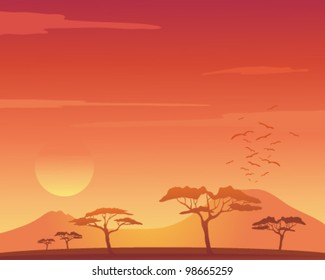 a vector illustration in eps 10 format of a beautiful african landscape with acacia trees mountains and birds flying to roost under an orange sunset