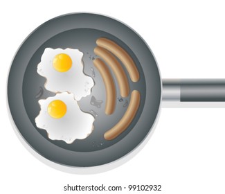 a vector illustration in eps 10 format of a frying pan with two eggs and four sausages with droplets of oil on a white background