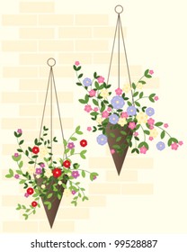 a vector illustration in eps 10 format of two decorative hanging baskets in summer against a warm brick wall