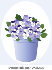 a vector illustration in eps 10 format of a pot of beautiful violas in shades of purple with green foliage and white ellipse background