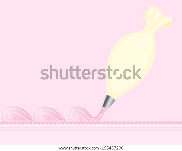 a vector illustration in eps 10 format of a\
cream color piping bag making fancy swirls on top of a cake on a\
pink background