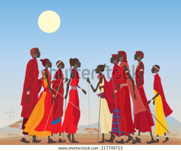 a vector illustration in eps 10 format of a group of masai men and women in traditional clothing in an arid african landscape