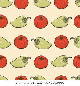 Vector illustration, EPS 10. Green paprika and red tomatoes are drawn in a graphic style. Vector seamless pattern. Useful for cafe corporate identity, packaging design, tablecloth, textile.