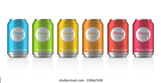 Vector illustration. EPS 10. The image of the empty layout for your design. Package design. Bottle with water drops. Mock up illustration. Bank of carbonated water. Tasty drink, can lemonade or beer.