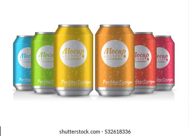 Vector illustration. EPS 10. The image of the empty layout for your design. Package design. Bottle with water drops. Mock up illustration. Bank of carbonated water. Tasty drink, can lemonade or beer.